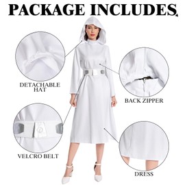 Rodwake Women Princess Cosplay Costume White Dress Hooded Long Robe Classic Deluxe Suit