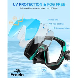 Freela Adult Dry Snorkel Set with Nose Cover for Men Women Youth Scuba Diving Mask with Mirrored Blue Len, Tempered Glass 180° Wide View, Anti Fog No Leak Snorkeling Gear for Breathing Swimming Diving