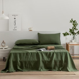 EVERLY Linen California King Size Sheets Set, 100% Stonewashed French Linen Bed Sheets Deep Pocket Sheets, 4 Pieces (1 Flat Sheet, 1 Fitted Sheet, 2 Pillowcases) Natural Flax Bedding Set-Mossy Green