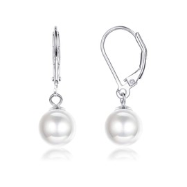 ZELORES 925 Sterling Silver Pearl Leverback Earrings for Women White Gold Plated Pearl Drop Earrings Dainty Bridal Wedding Drop Dangle Earrings (Pearl)