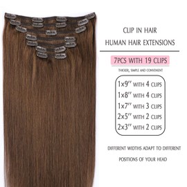SURNEL Brown Thick Clip in Hair Extensions Real Human Hair Extensions Clip in Straight Hair Color 4 Medium Brown Hair Extensions Clip in Hair 7 Pcs 140 Gram 14 Inch Full Head (7C#4-14)