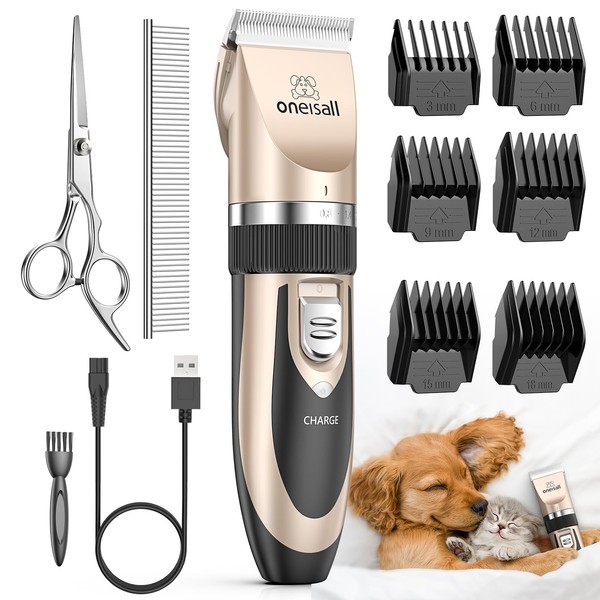 oneisall Pet Trimmer, Dog Trimmer, Trimming Trimmer, Adjustable Cutting Height for Dogs, Cats, and Other Animals, Wide Range of Use, Low Noise, Cordless, Suitable for Beginners, Includes 6 Guide