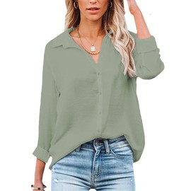 NONSAR Women's Blouse, V-Neck Shirts, Elegant Casual Work Tops with Buttons, Short Sleeve Tops, Pea Greeen