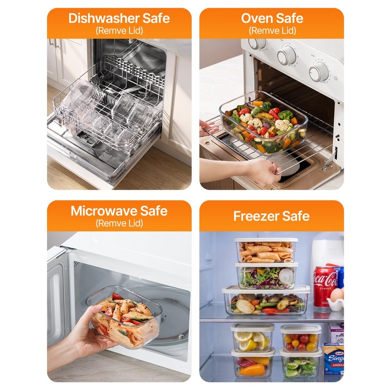 KEMETHY 7 Pack Glass Food Storage Containers with Lids,Stackable BPA