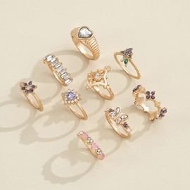 Chmier 9 Pcs Bohemia Gold Rings Set for Women Butterfly Crystal Stackable Rings Floral Heart Purple Rhinestone Knuckle Rings