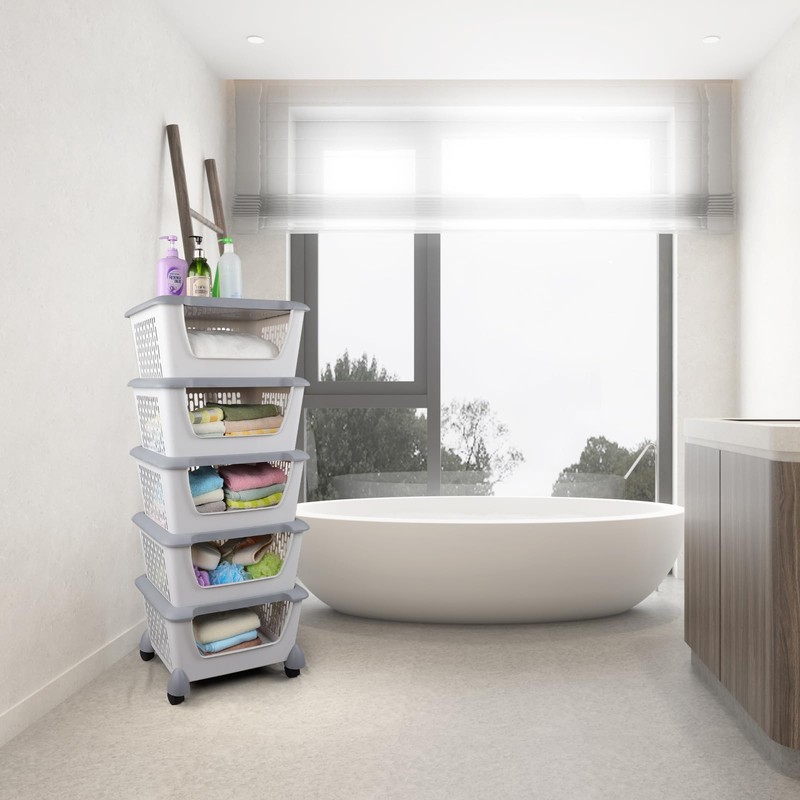 Kiddream 5 Packs Stackable Organizer Baskets with Wheels, Plastic Stacking