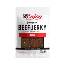 Enjoy Hot Beef Jerky 8 oz (Pack of 1) | Traditional Style | High Protein | Low Fat | Zero Trans Fat | No Preservatives | No MSG | No Nitrites | USA Made | Resealable Bag