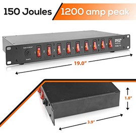 Pyle protector contra sobretensiones de 9 tomas - 150 julios, extensión eléctrica resistente, montable en rack 1U, con interruptor frontal