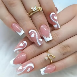 Valentines Press on Nails Medium Square OFDNE White French Tip Fake Nails False Nails with Designs White Heart Silver Swirl Glossy Glue on Nails Acrylic Nails for Women Girls 24 Pcs