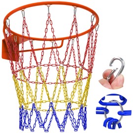 Heavy Duty Basketball Hoop Net, Anti-Rust Carbon Steel Chain Net for Standard 18" Hoops, 12-Loop Design for Indoor & Outdoor Use (A-Red/Yellow/Blue)