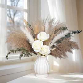 100PCS Dried Flowers with Vase, Pampas Grass Decor with Vase, Centerpiece Table Decorations, Dining Table Centerpiece Decor, Coffee Table Decor, Fake Flowers Living Room Home Decor