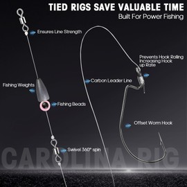 Carolina Rigs for Fishing- 10PCS Ready Tied Carolina Rig Kit for Bass Fishing Free Rig Catfish Rig Fishing Rigs Kit with Fishing Weight Bass Hooks Swivel (1/2oz, 3/0-10Pack)