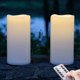 NONNO&ZGF 4X8 inch Huge Outdoor IP44 Warm White LED Rainproof Waterproof Candles, Large Flameless Battery LED Pillar Candle with Remote and Timer, Resin, No Melt, 2 Pack