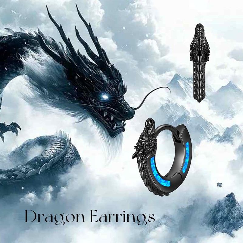 13mm Dragon Hoop Earrings Sterling Silver Black Opal Dragon Huggie