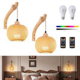 Rizzyluz Battery Operated Wall Sconces Set of 2 with Remote, Boho Bamboo Rechargeable Rattan Wall Lights, Wireless Wall Lighting Fixtures for Bedroom, Farmhouse Battery Powered Wall Lamps