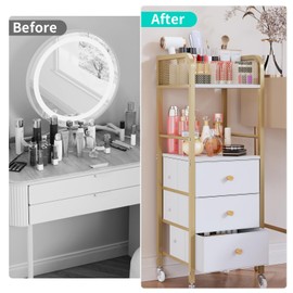 HapiRm Rolling Makeup Cart Organizer - Floor Skincare Make Up Storage with 3 Drawers, Vanity Organizer Cosmetic Display Cases Holder for Skin Care Perfume Nail Polish Brush Hair Tool, Gold