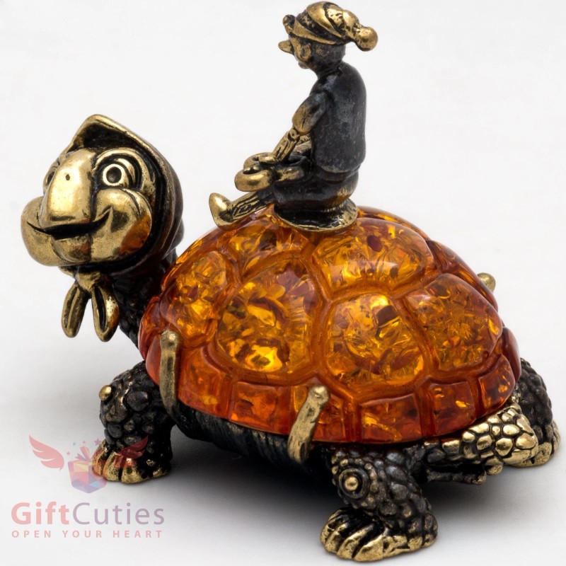 Brass Amber Figurine Turtle Tortilly & Buratino Pinocchio & golden