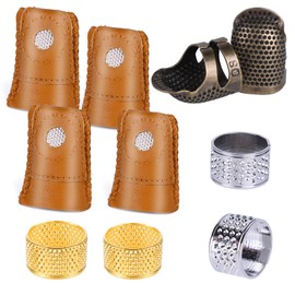 Wamkon 10 Pieces Sewing Thimble Set, Leather Finger Guard with 2 Coloured Metal Thimble, Quilting Thimble for Hand Sewing and Crafts