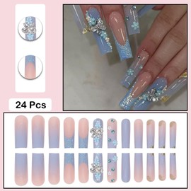 ANDGING Long Press on Nails Square Blue French Tip Fake Nails with Glue Acrylic Bling Butterfly Flower Glue on Nails with Designs Gel Manicure False Nail for Women Classy Stick ons Nails for Wedding