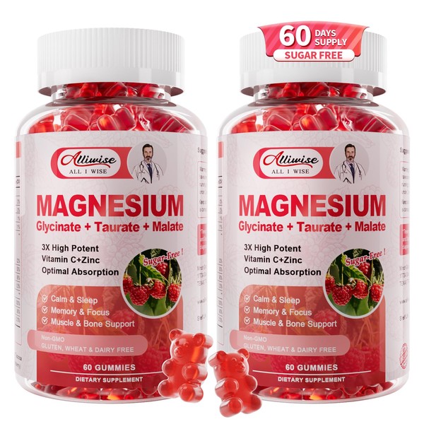 Alliwise 2Pack Magnesium Glycinate Gummies 500mg,Magnesium Potassium Supplement with Taurate,