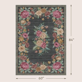 Large Entryway Rug 5x7, Washable Non Slip Stain Resistant Area Carpet, Dark Green Floral Rose Vintage Indoor Rugs for Living Room, High Traffic Mudroom Bedroom Dining Room