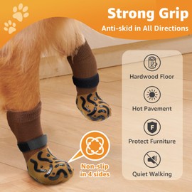 2 Pairs Anti Slip Dog Socks Paws Stop Licking, Dog Paw Protectors Dog Socks with Grips Strong Traction, Adjustable Dog Boots Dog Shoes for Senior Dogs Hardwood Floors Indoor Outdoor Walking(Brown,XL)