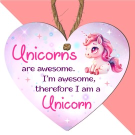 Magical Unicorn Heart Plaque – "Unicorns are Awesome, I'm Awesome, Therefore I Am a Unicorn" – Fun & Cute Hanging Sign – 10cm x 9cm Wooden Decor for Kids' Rooms, Playrooms, or Unicorn Lovers