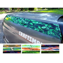 Hotrod Hood Stripe Flames Lawn Mower decals stickers - 2pc mirrored set - funny decals for John Deere, Murray, Poulan, Craftsman, Husqvarna lawn mowers. (Skulls & Flames (green))