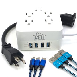 4-Outlet 4-USB Fire Safe Surge Protector with Outlet Saver Power Cord and USB Charge Cables