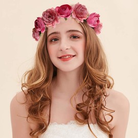 Flower Crown Headband Rose Wreath Garland Hair Bands Floral Wedding Bridal Hair Hoop Women Ladies Leaf Ribbon Party Decoration Headdress Headwear Christmas Handmade Headpiece Hair Accessories Pink