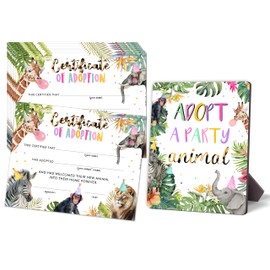 Pet Adoption Certificates, Adopt A Pet Certificate for Kids, Jungle Themed Adoption Decorations Card, Safari Animals Party Favors Supplies, 10 Cards with A Stand Adoption Sign, 04