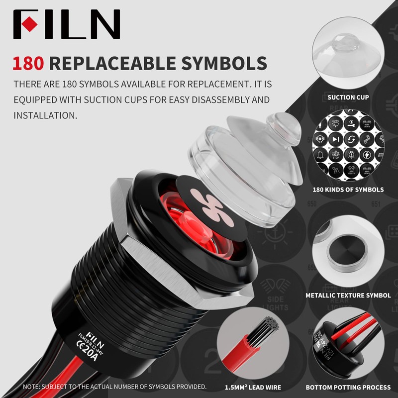 FILN 2-Pack 19mm White LED Latching Push Button Switch, 12V-24V