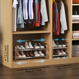 2 Tier Expandable Shoe Rack for Closet, Stainless Steel Shoe Shelf, Strong Weight Capacity Shoes Organizer, Easy to Install and Saving Space Standing Shelf with Sturdy Frame(2 Tier)
