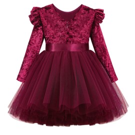 Flofallzique Girls Long Sleeves Dress Toddler Velvet Tulle Tutu Princess Dresses for Birthday Party(10, Wine)