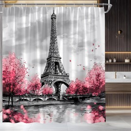 AMFD Eiffel Tower Shower Curtain Pink Romantic France Paris City Architectural Cultural Landmark Printing Bathroom Curtains Decor Fabric Set Include Hooks,(70" WX70 H)