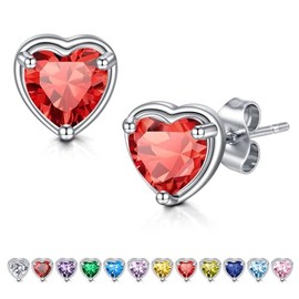 WillTen Heart Earrings Ruby Silver Studs Earrings for Women, 925 Sterling Silver Cubic Zirconia Birthstone Earrings Jewellery for Women