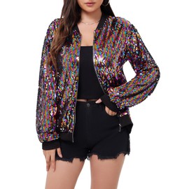 WULFUL Women's Sequin Jackets Sparkly Glitter Long Sleeve Front Zip Bomber Blazers Party Costume Multicolor