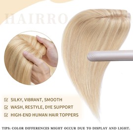 Hairro Hair Toppers for Women Real Human Hair No Bang, Clip in Real Hair Hairpieces, Breathable Silk Base for Covering Greyish Hair on Top/Thinning Hair/Hair Loss