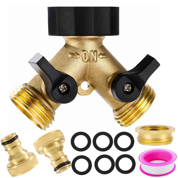 2-Way Brass Tap, Garden Hose Splitter, Y Valve, 3/4 Inch