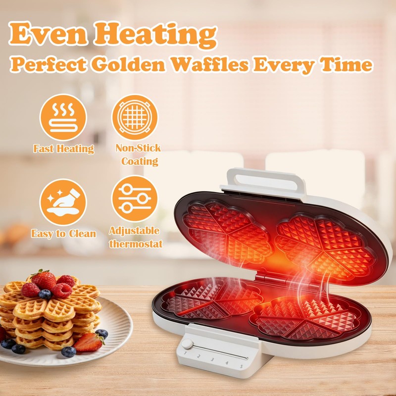 Electric Heart-Shaped Waffle Maker: Upgraded Fast Double-Side Heating - Nonstick