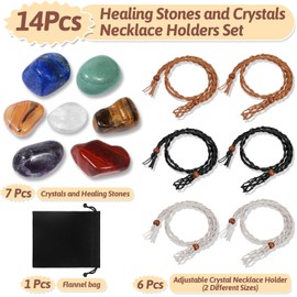 Evatage Crystals Necklace Holders and Healing Stones Set, 6Pcs Adjustable Crystal Cage with 7 Chakra Crystals and Healing Stones for Yoga, Meditation, Jewelry Gift and Home Decor