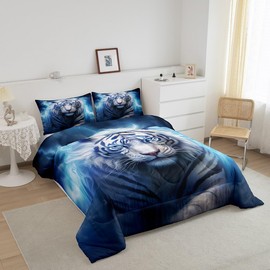 Tiger Kids Comforter Set Queen Size,Shiny Lightning Fashion Bedding Set,Boys Men Room Decor,Hunting Wildlife Animals Adventure Rustic Farmhouse Down Comforter,White Blue Duvet Insert,2 Pillowcases