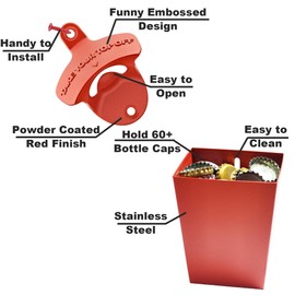 Jumiok Red Bottle Opener Wall Mounted and Cap Catcher Funny Stainless Beer Opener with Cap Holder for Garage Backyard