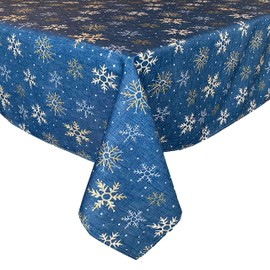 Lintex Blue Farmhouse Snowflake Fabric Christmas Tablecloth - Blue, Gold and White Country Rustic Holiday Tablecloth, 52" x 52" Square