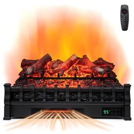 COSTWAY Eternal Flame Electric Fireplace Log, Wood Ember Bed, 26-inch Infrared Electric Fireplace Heater Insert with Remote and Thermostat Control, 8H Timer, 5 Flame Modes & Brightness, 1500W