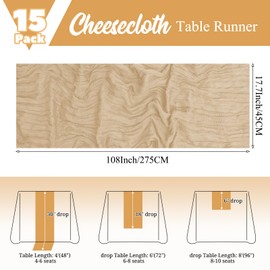 15 Pack Beige Table Runner 17 x 108inch Cheesecloth Table Runner Boho Gauze Table Runners Rustic Sheer Fabric Cheese Cloth Table Runners for Wedding Party Bridal Shower Farmhouse Thanksgiving Decor