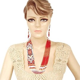 Lavivia Handmade Native American Style Beaded Necklace| Tribal-Inspired Beaded Necklace Earrings set| Glass Bead Necklace Fashion Jewelery for Women| Red and White