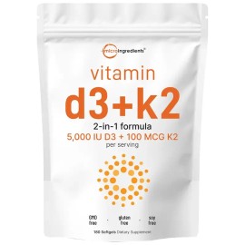 Micro Ingredients Vitamin D3 K2 5000IU, 300 Softgels | Infused with Sunflower Seed Oil, Vitamin K2 MK7 + Vitamin D Supplement, Non-GMO, No Gluten