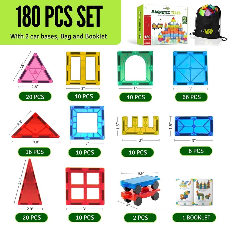 Little Vo Magnetic Tiles Set 180 PCS with 2 Cars