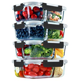 2 & 3 Compartment Glass Meal Prep Containers (4 Pack, 32 oz) - Glass Food Storage Containers with Lids, Glass Bento Box, Portion Control, Airtight, Oven & Freezer safe, Black Lids